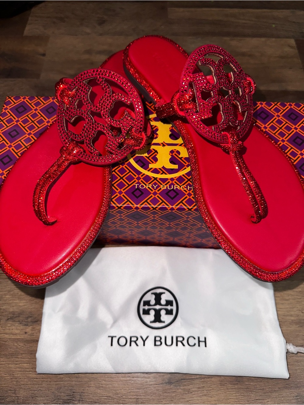 Tory Burch Red Glitter Miller Thong Sandals